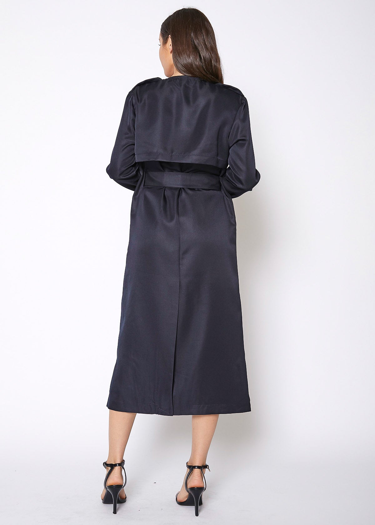 Women's Tie Waist Maxi Trench Coat-Lemon Hera-L-Black-Urbanheer