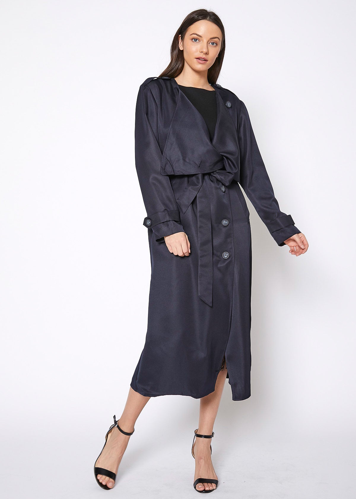 Women's Tie Waist Maxi Trench Coat-Lemon Hera-L-Black-Urbanheer