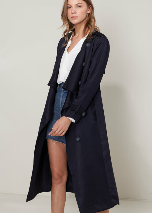 Women's Tie Waist Maxi Trench Coat-Lemon Hera-L-Navy-Urbanheer