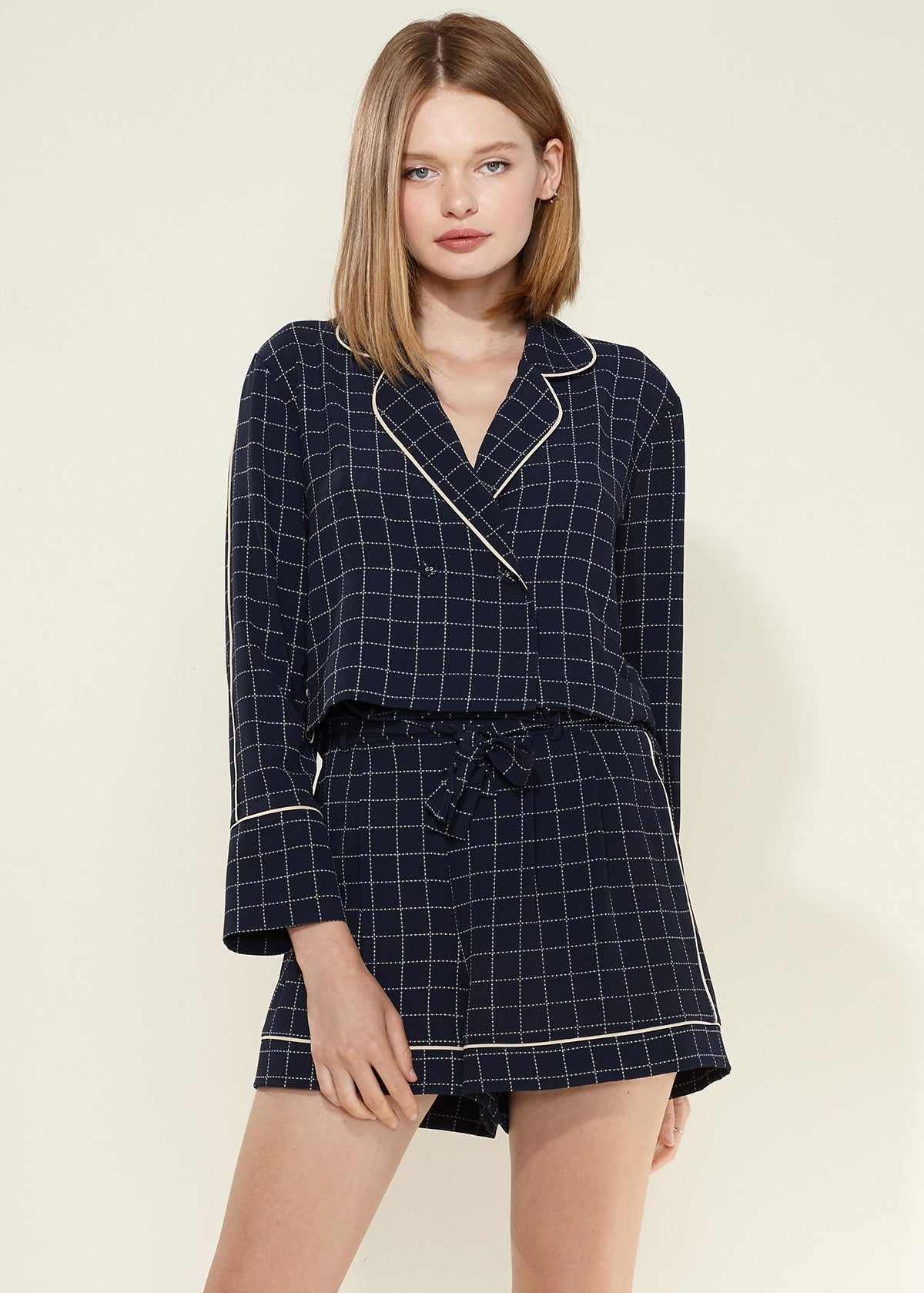 Women'S Grid Print Pajama Blouse In Navy Plaid-Lemon Hera-L-Urbanheer
