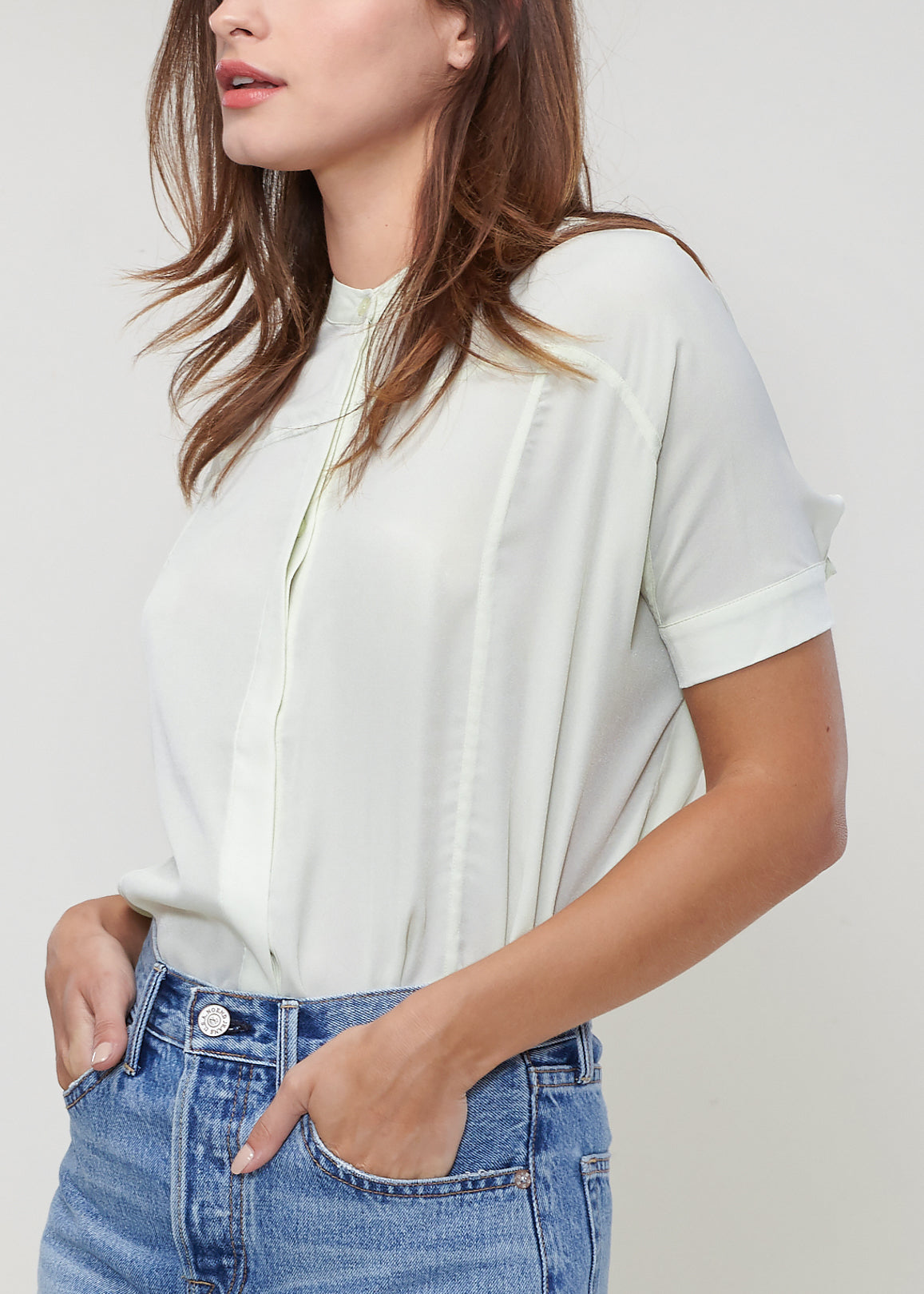 Women'S Mock Neck Plaid Shirt-Lemon Hera-L-Aqua Splash-Urbanheer