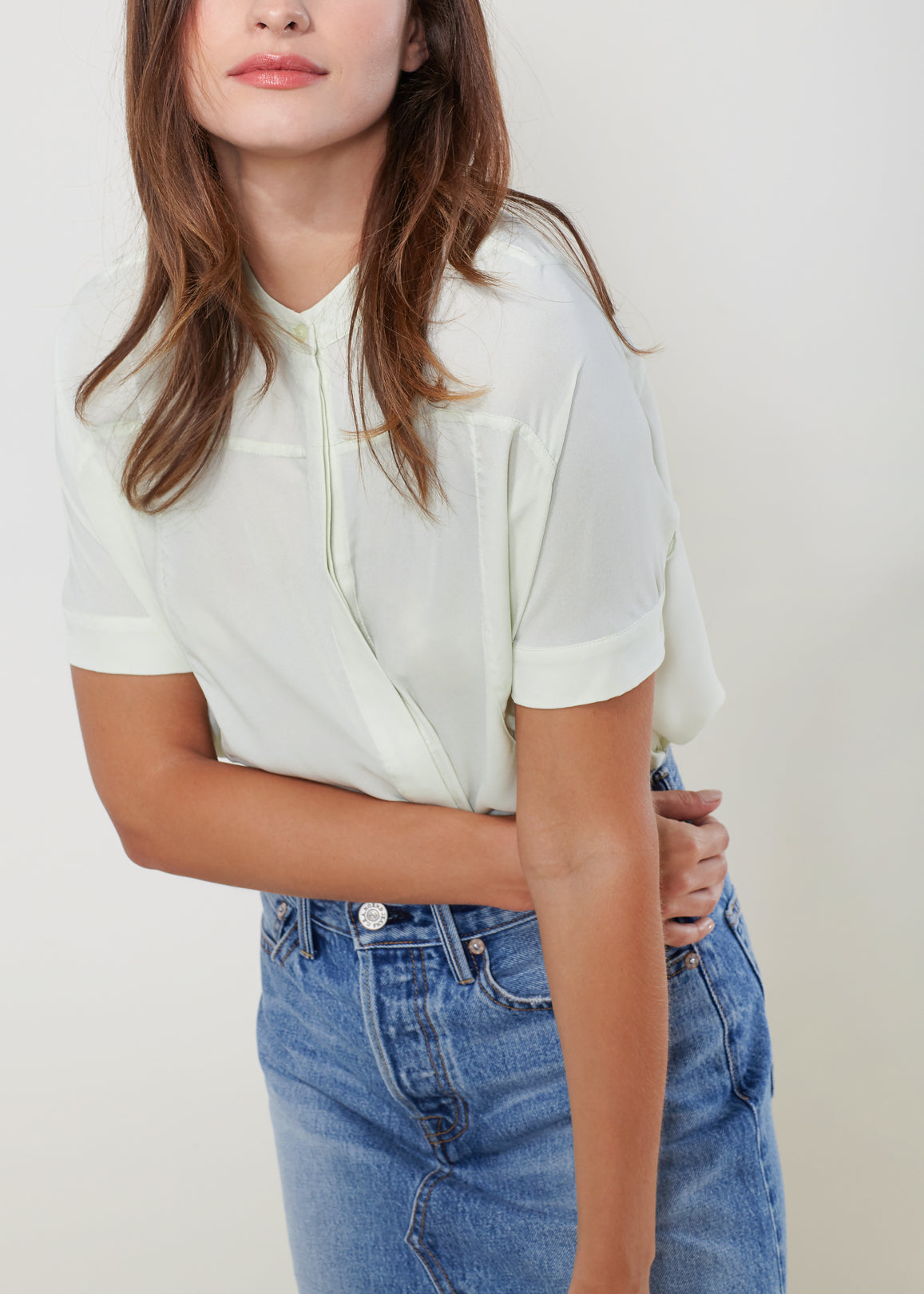 Women'S Mock Neck Plaid Shirt-Lemon Hera-L-Aqua Splash-Urbanheer