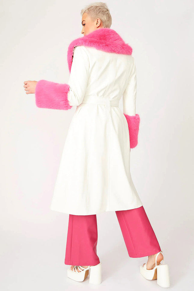 White Pink Faux Leather Trench Coat With Faux Fur Collar And Cuffs-Faux Leather Coats-Buy Me Fur Ltd-Urbanheer