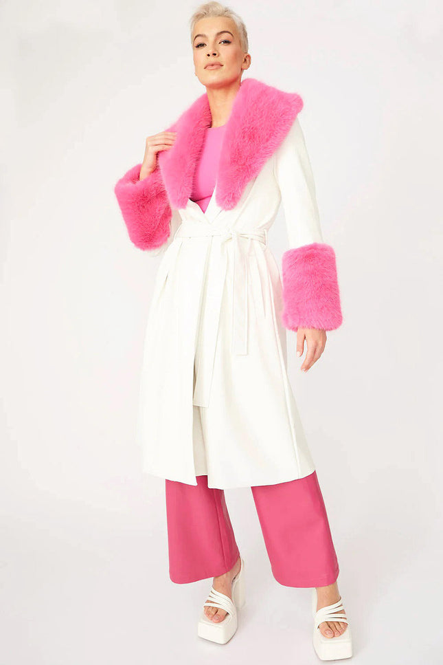 White Pink Faux Leather Trench Coat With Faux Fur Collar And Cuffs-Faux Leather Coats-Buy Me Fur Ltd-S-M-White / Pink-Faux Leather-Urbanheer