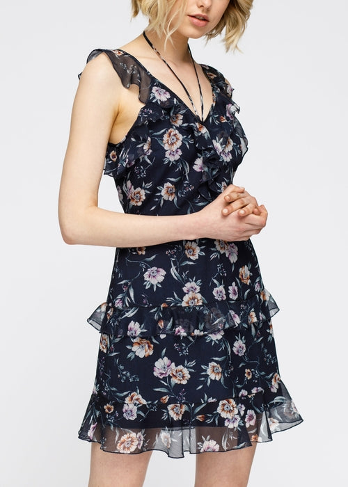 Wax Flower Mini Ruffled Sleeveless Dress-Lemon Hera-L-Navy-Urbanheer