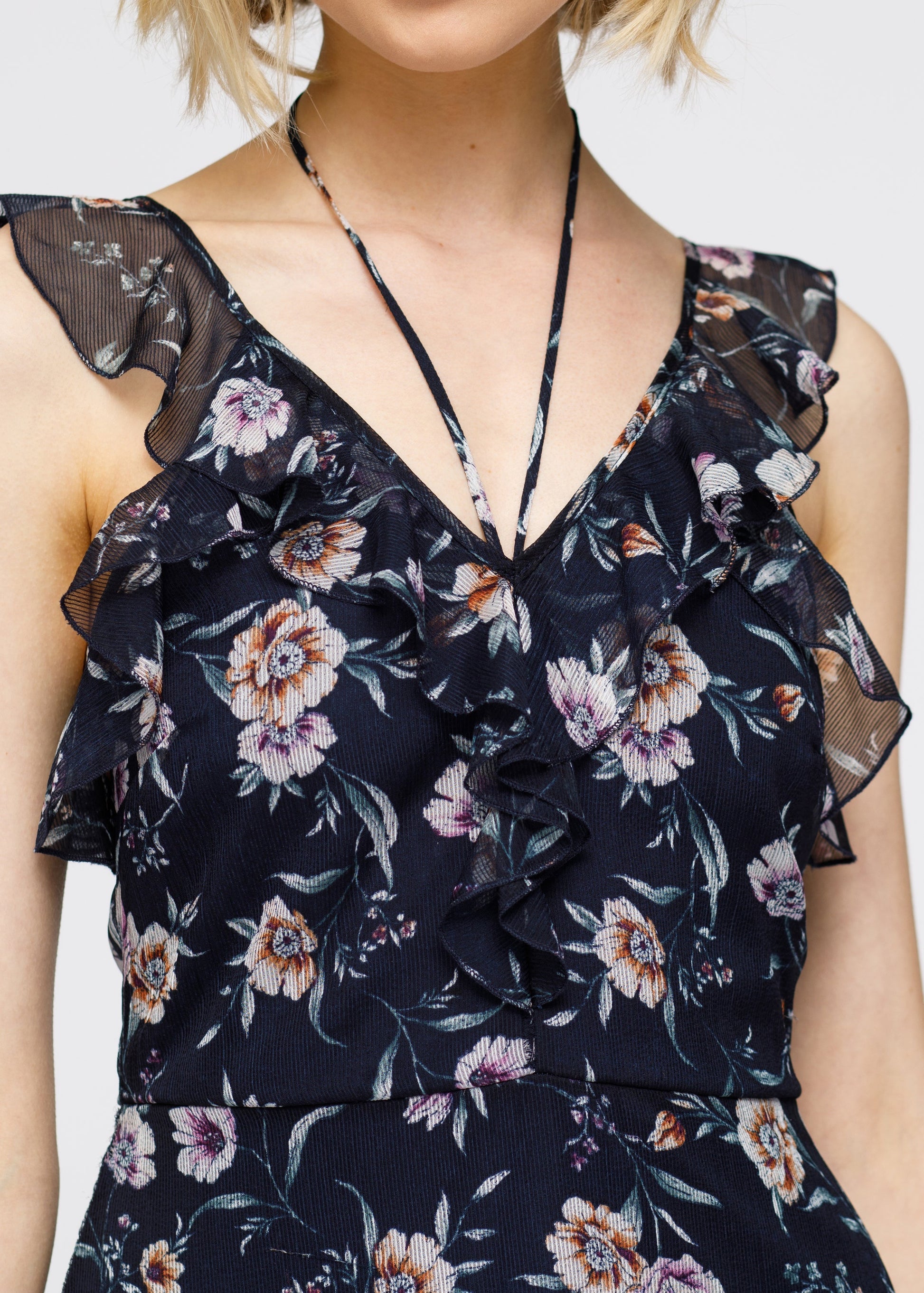 Wax Flower Mini Ruffled Sleeveless Dress-Lemon Hera-L-Navy-Urbanheer