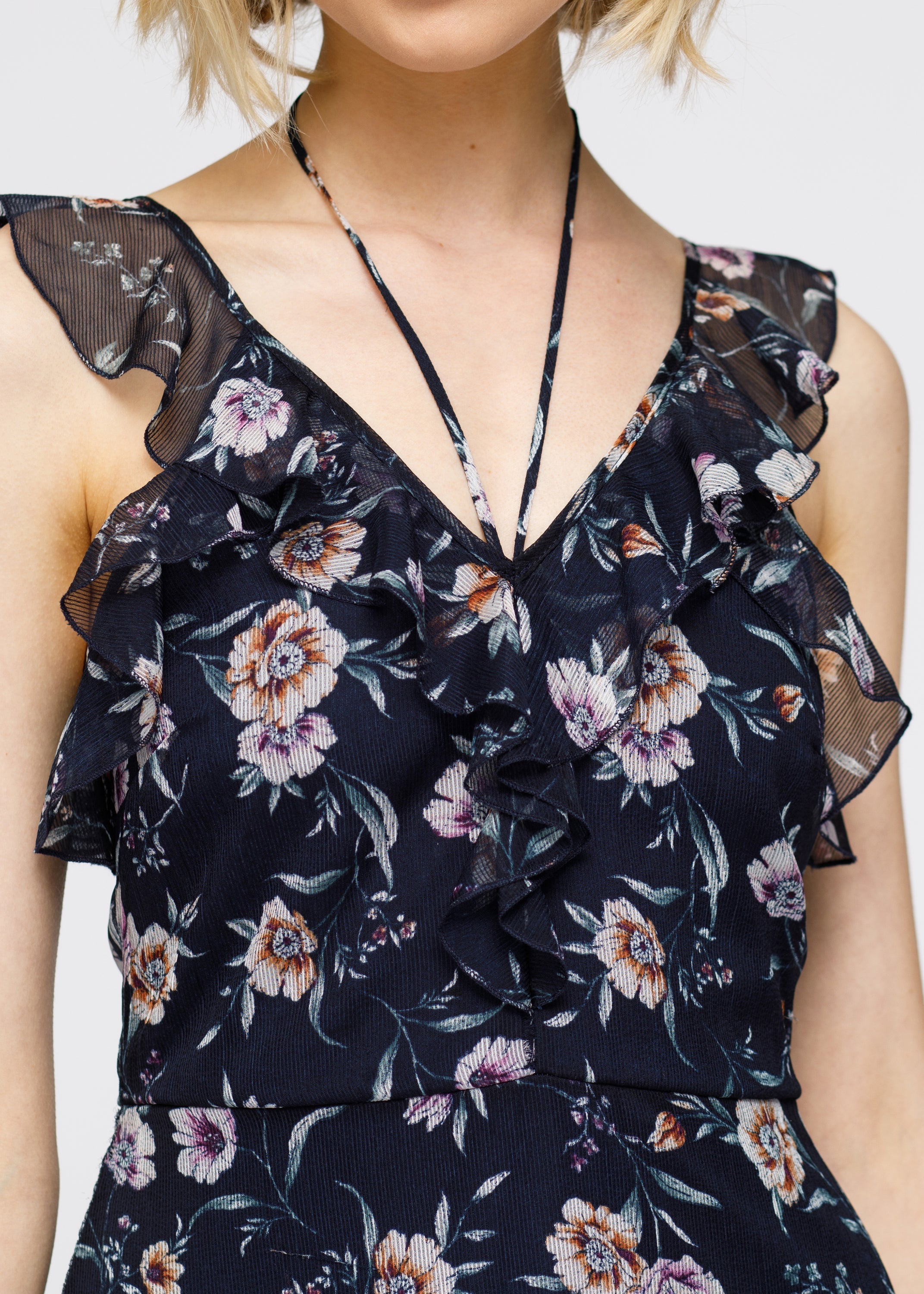 Wax Flower Mini Ruffled Sleeveless Dress-Lemon Hera-L-Navy-Urbanheer