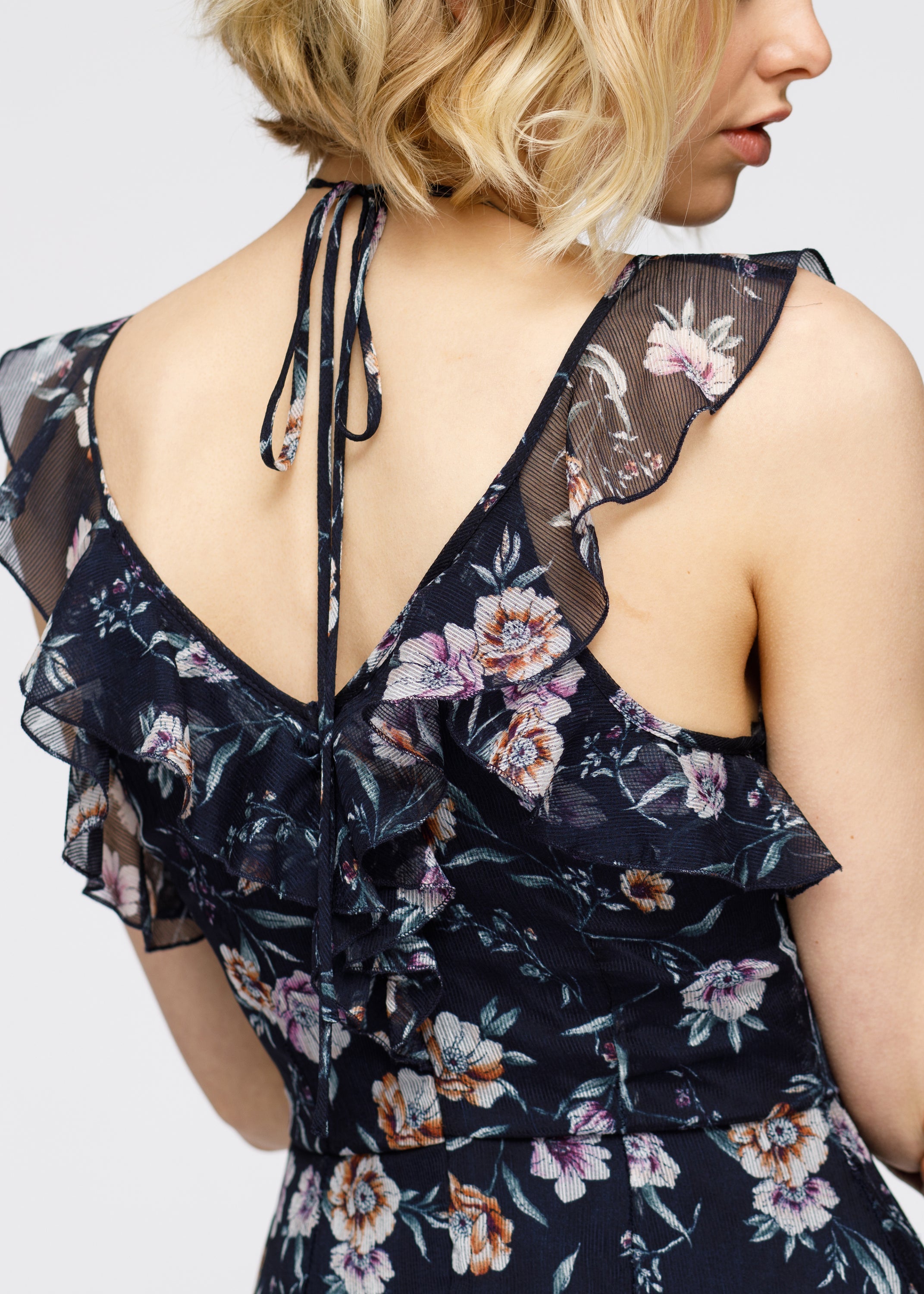 Wax Flower Mini Ruffled Sleeveless Dress-Lemon Hera-L-Navy-Urbanheer