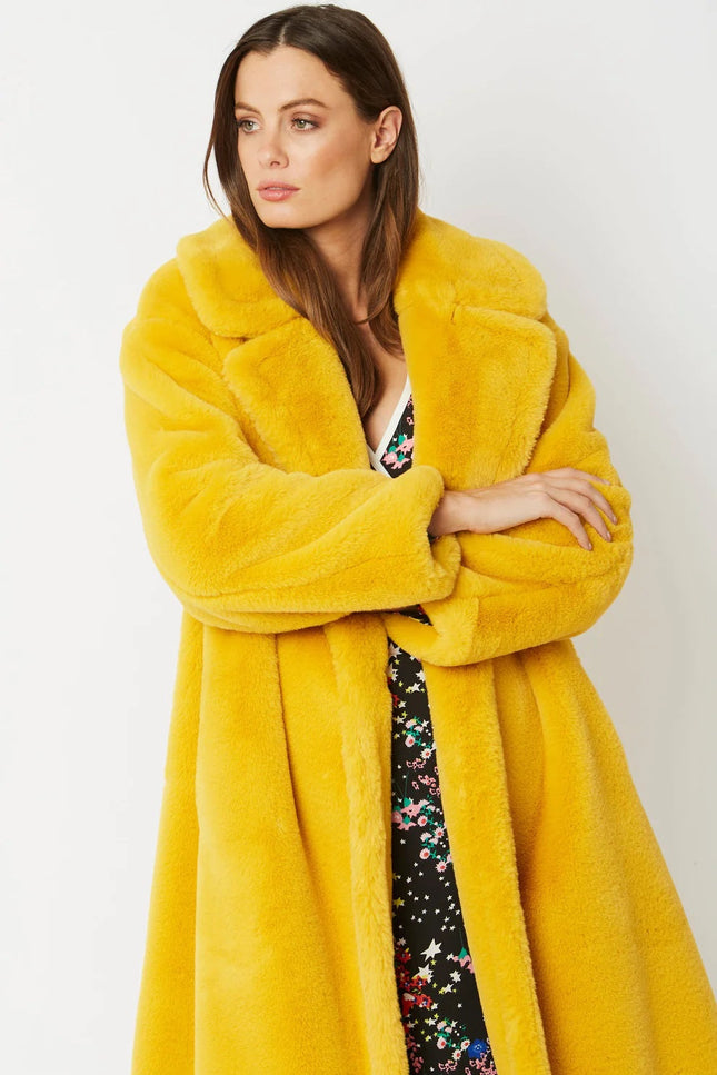 Yellow Faux Fur Midi Shaved Shearling Coat-Faux Fur Coats-Buy Me Fur Ltd-Urbanheer