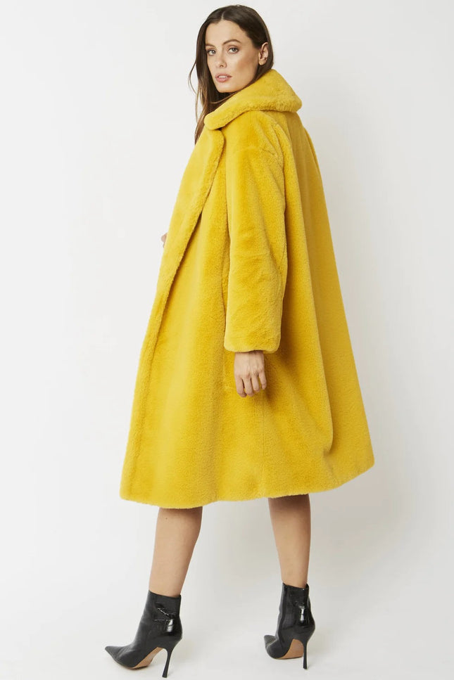 Yellow Faux Fur Midi Shaved Shearling Coat-Faux Fur Coats-Buy Me Fur Ltd-Urbanheer