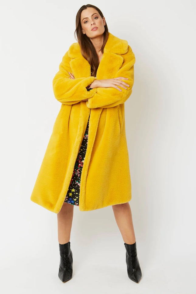 Yellow Faux Fur Midi Shaved Shearling Coat-Faux Fur Coats-Buy Me Fur Ltd-S-M-Yellow-Faux Fur-Urbanheer