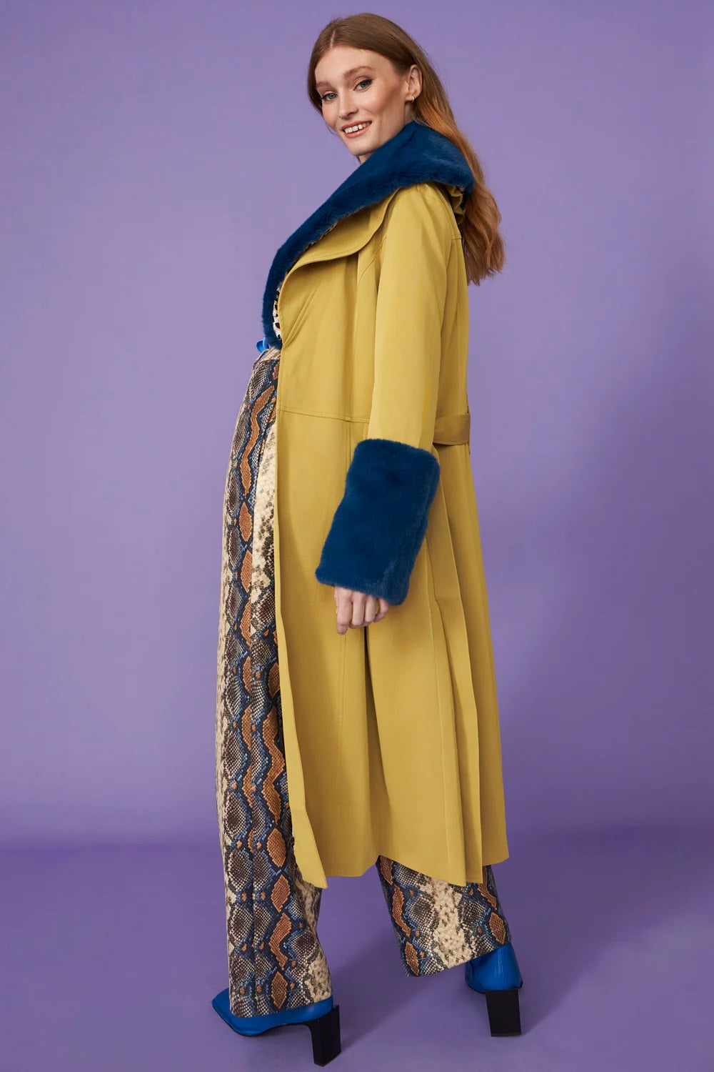 Yellow Faux Leather Trench Coat With Faux Fur Collar And Cuffs-Clothing - Women-Buy Me Fur Ltd-One Size-Yellow-Faux Leather-Urbanheer