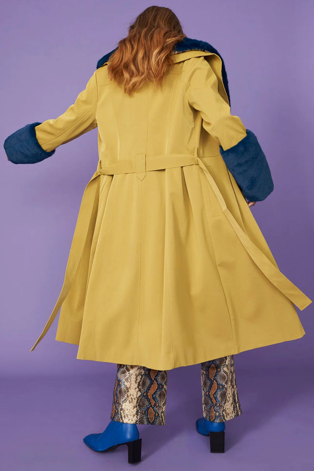 Yellow Faux Leather Trench Coat With Faux Fur Collar And Cuffs-Clothing - Women-Buy Me Fur Ltd-One Size-Yellow-Faux Leather-Urbanheer