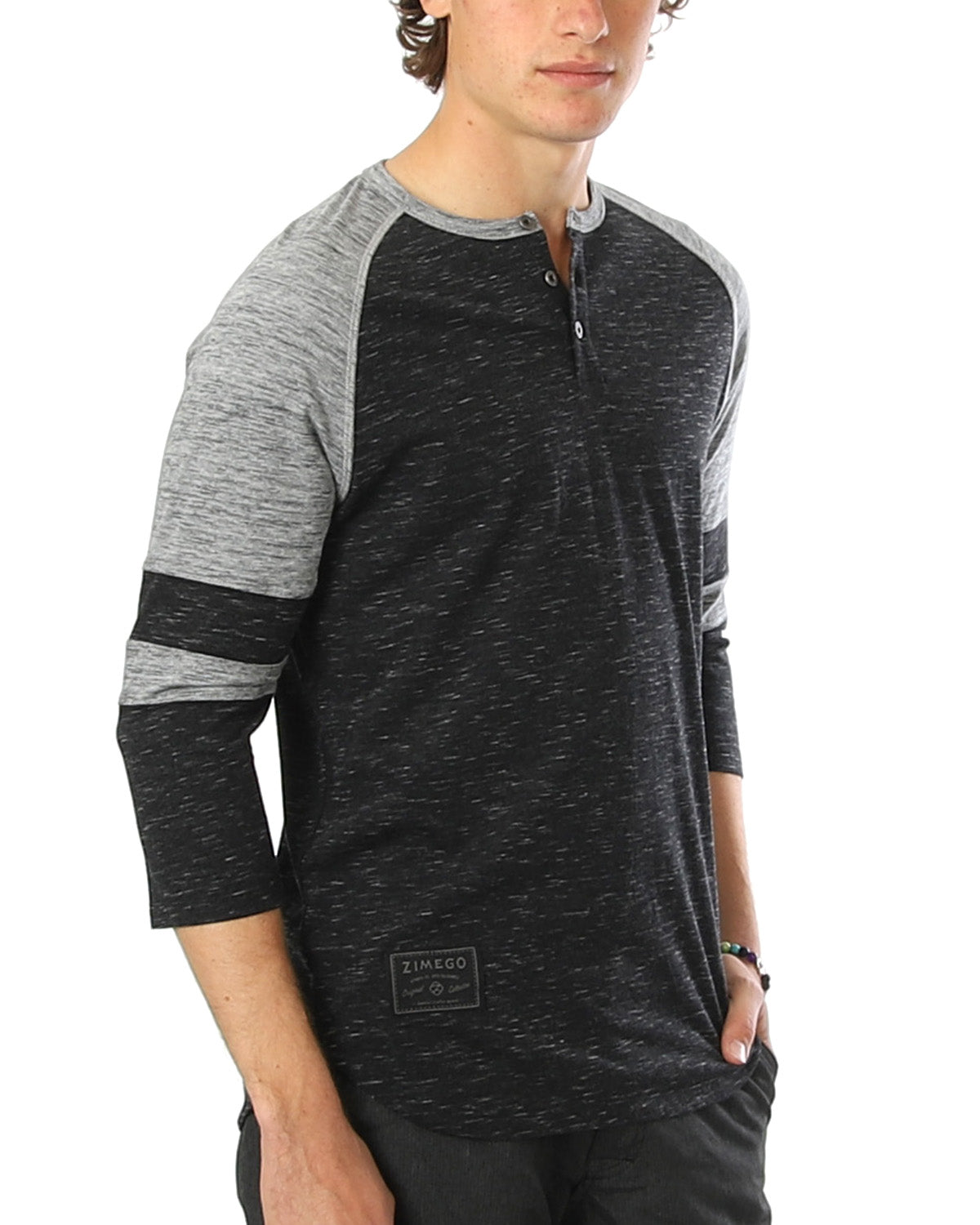 ZIMEGO Men's 3/4 Sleeve Baseball Football College Raglan Henley Athletic T-shirt-ZIMEGO MEN-Small-Grey Black-Urbanheer