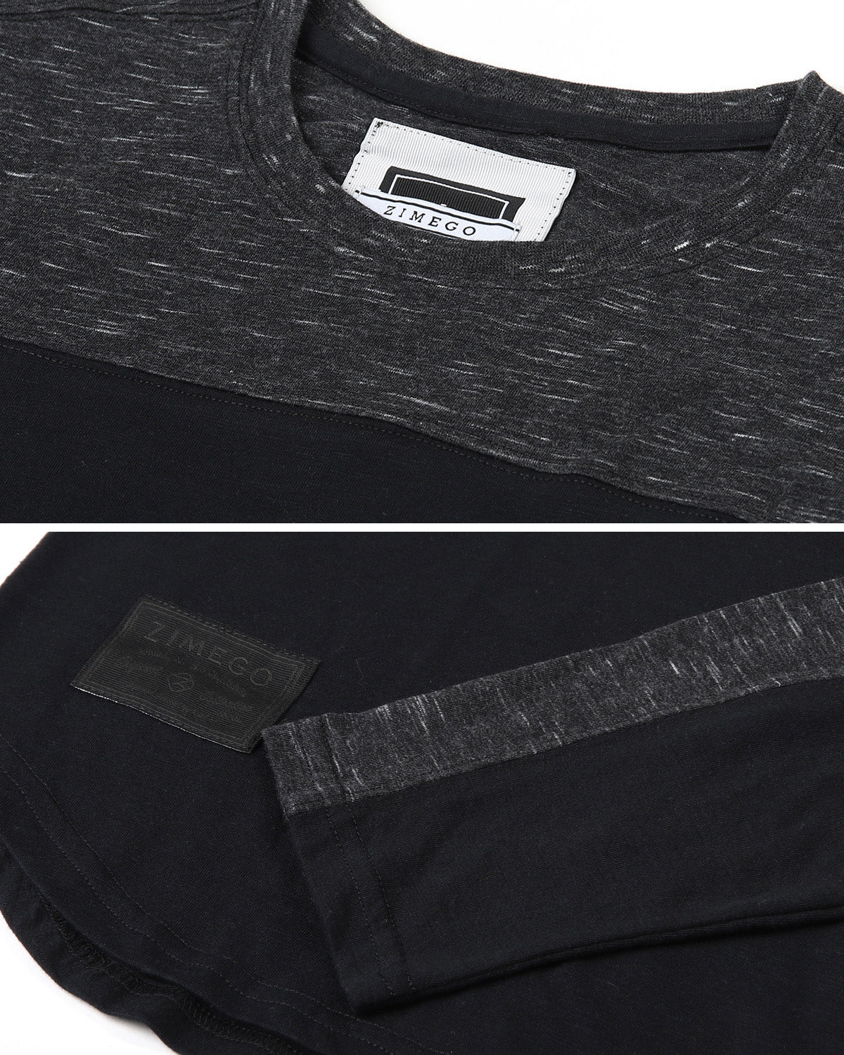 Zimego Men'S Fashion Color Block Long Sleeve Curved Hemline Athletic Hiphop Shirt-ZIMEGO MEN-Large-Black / Black-Urbanheer