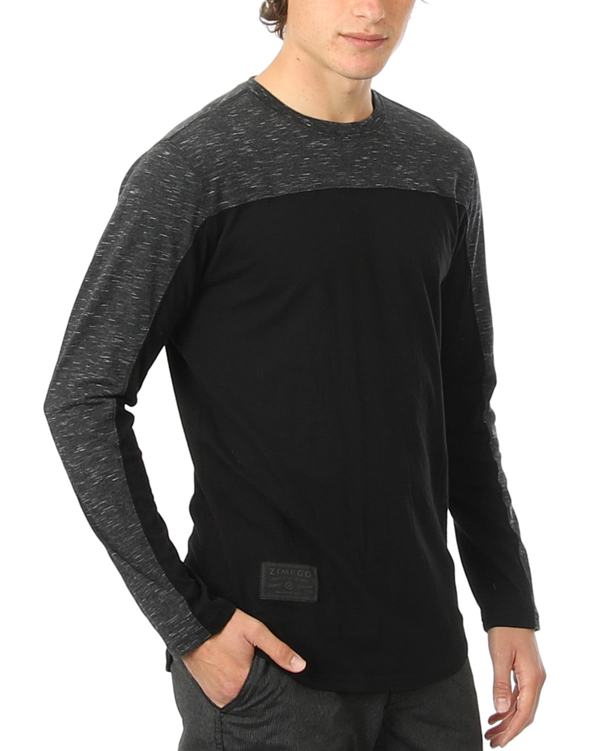 Zimego Men'S Fashion Color Block Long Sleeve Curved Hemline Athletic Hiphop Shirt-ZIMEGO MEN-Large-Black / Black-Urbanheer