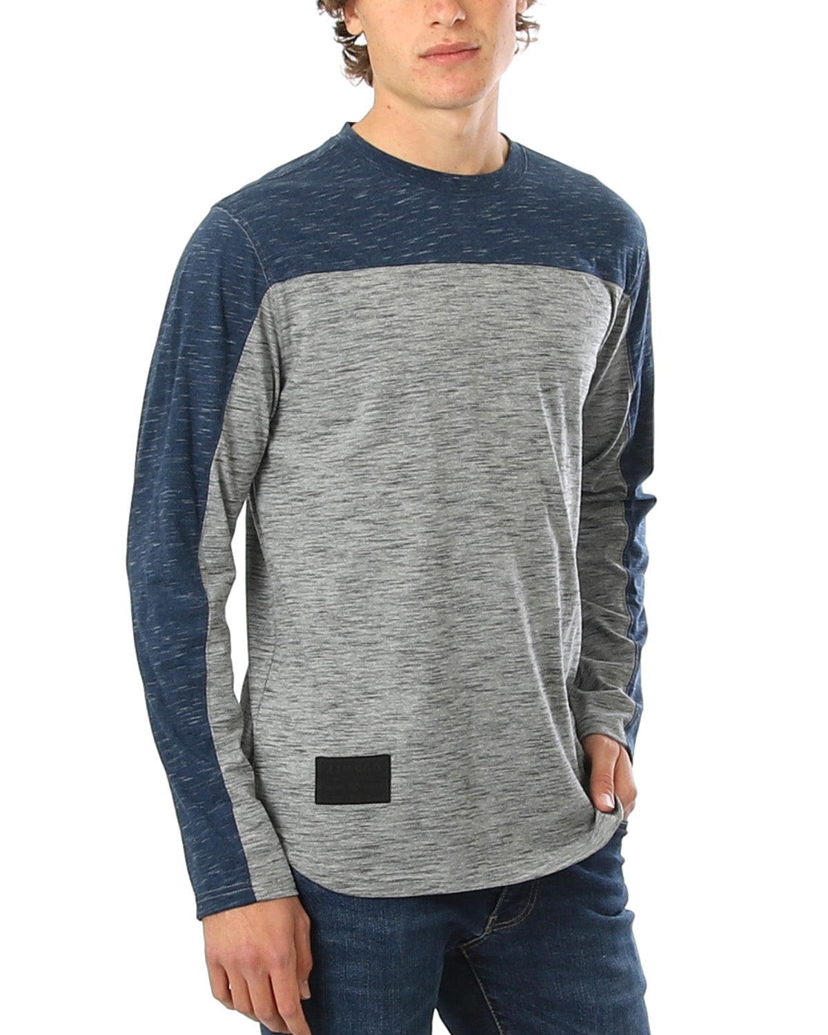 Zimego Men'S Fashion Color Block Long Sleeve Curved Hemline Athletic Hiphop Shirt-ZIMEGO MEN-Small-Dark Grey / Navy-Urbanheer