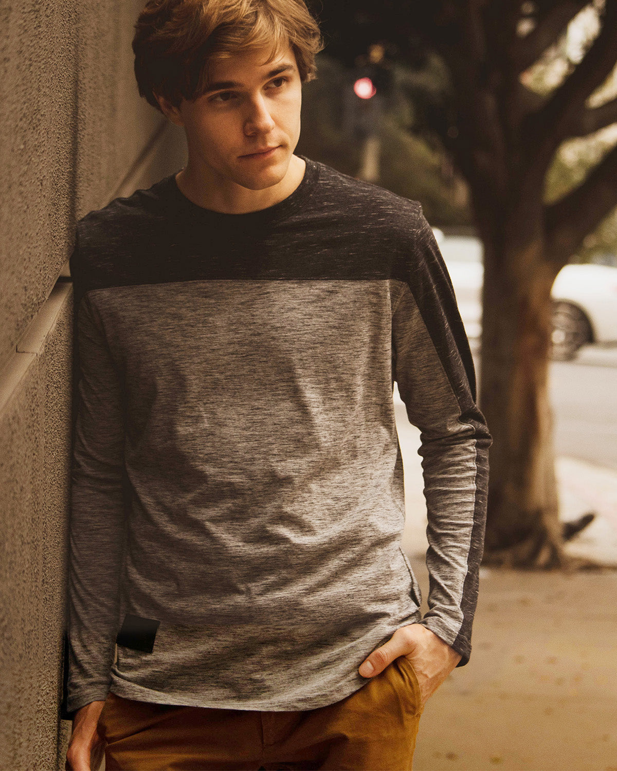 Zimego Men'S Fashion Color Block Long Sleeve Curved Hemline Athletic Hiphop Shirt-ZIMEGO MEN-Small-Dark Grey / Black-Urbanheer