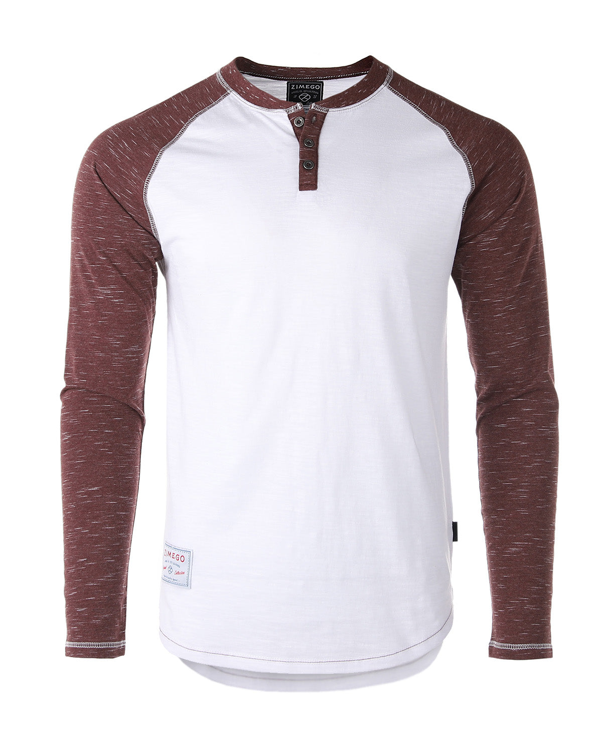 Zimego Men'S Long Sleeve Athletic Stripes Arm Contrast Raglan Henley - Zgls555-ZIMEGO MEN-X-Large-White Maroon-Urbanheer