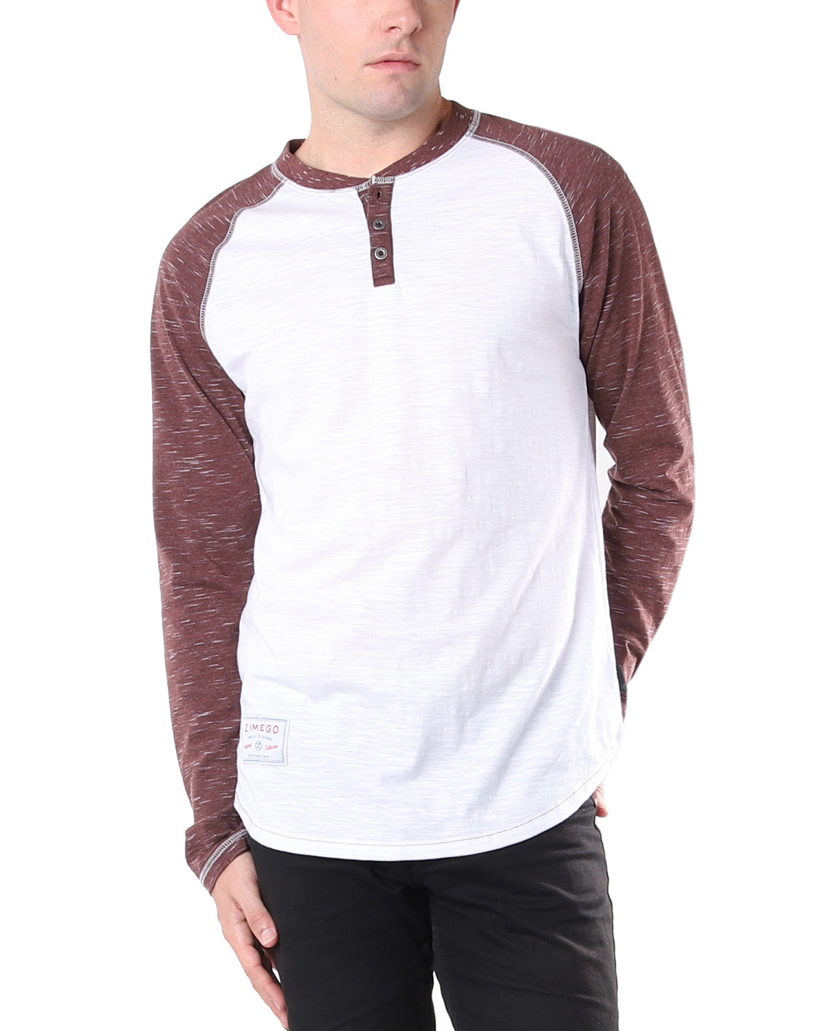 Zimego Men'S Long Sleeve Athletic Stripes Arm Contrast Raglan Henley - Zgls555-ZIMEGO MEN-X-Large-White Maroon-Urbanheer