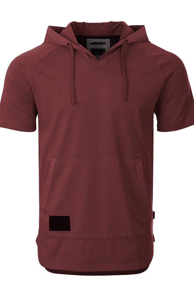 Zimego Pigment Dyed Hooded Shirt Short Sleeve V Neck Raglan Henley Style Hoodie-ZIMEGO MEN-Small-Maroon-Urbanheer