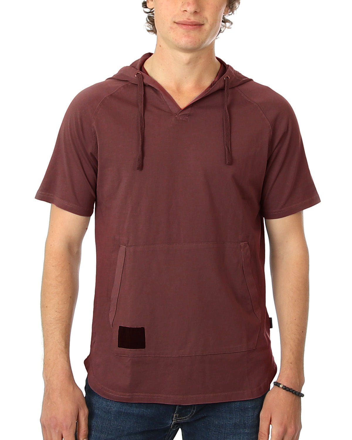 Zimego Pigment Dyed Hooded Shirt Short Sleeve V Neck Raglan Henley Style Hoodie-ZIMEGO MEN-Maroon-Small-Urbanheer