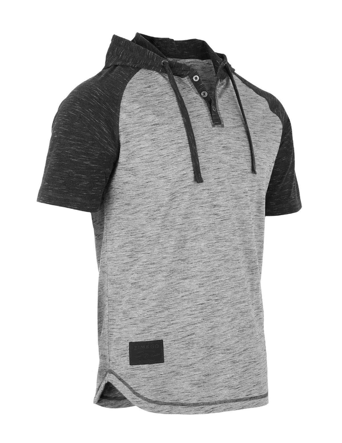 Zimego Short Sleeve Raglan Henley Hoodie Round Bottom Semi Longline T-Shirt-ZIMEGO MEN-Small-D.Grey / Black-Urbanheer