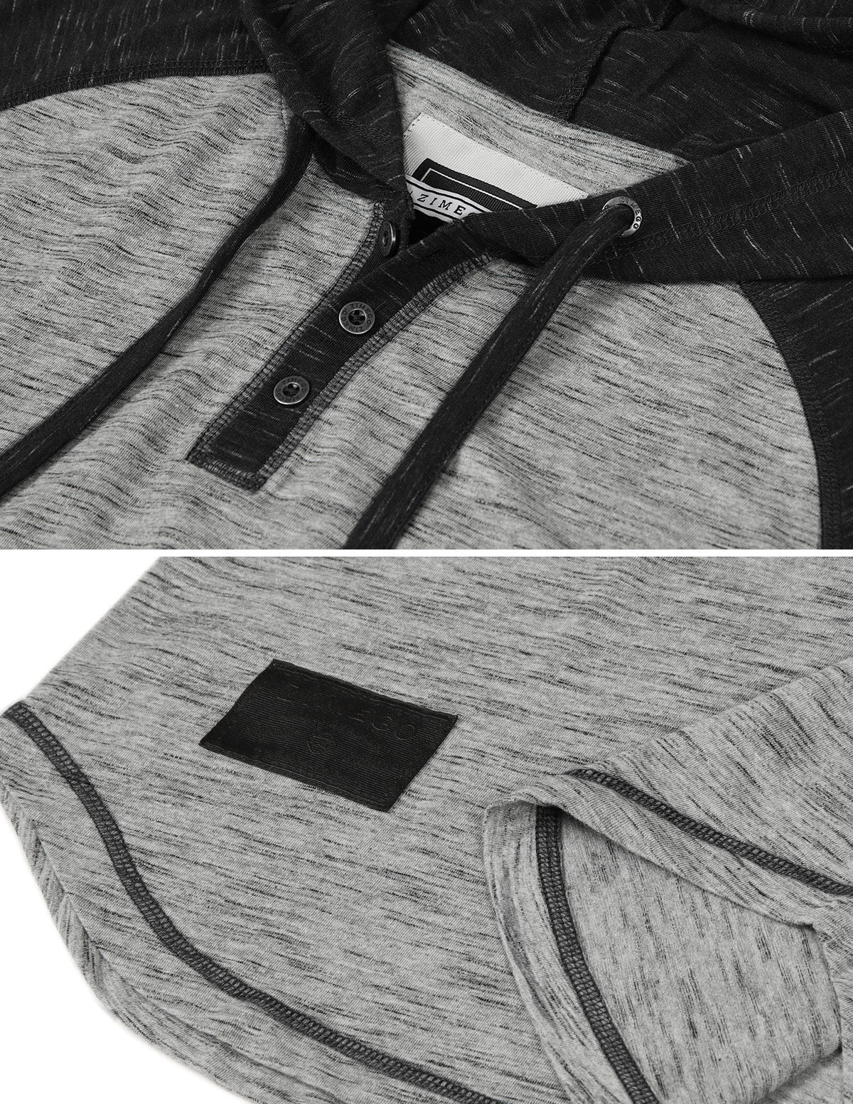 Zimego Short Sleeve Raglan Henley Hoodie Round Bottom Semi Longline T-Shirt-ZIMEGO MEN-Small-D.Grey / Black-Urbanheer