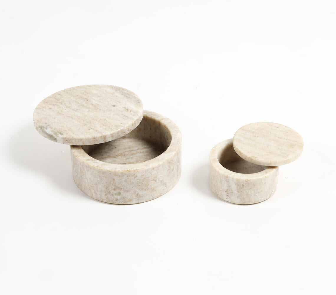 Classic Round Beige Marble Bowls With Lid (Set Of 2)-Qalara-Urbanheer