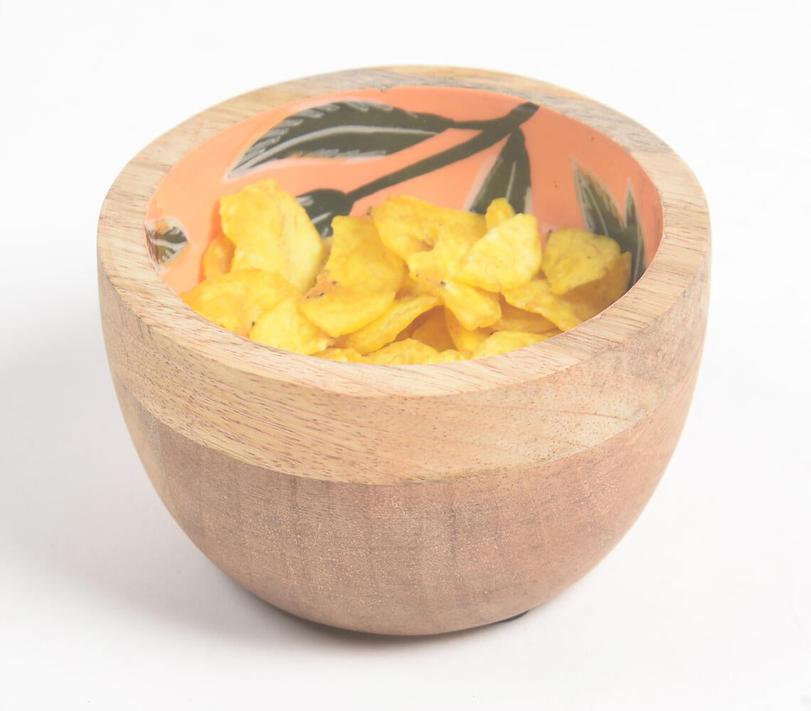 Tropical Leaves Orange Enameled & Turned Mango Wood Bowl-Qalara-Urbanheer