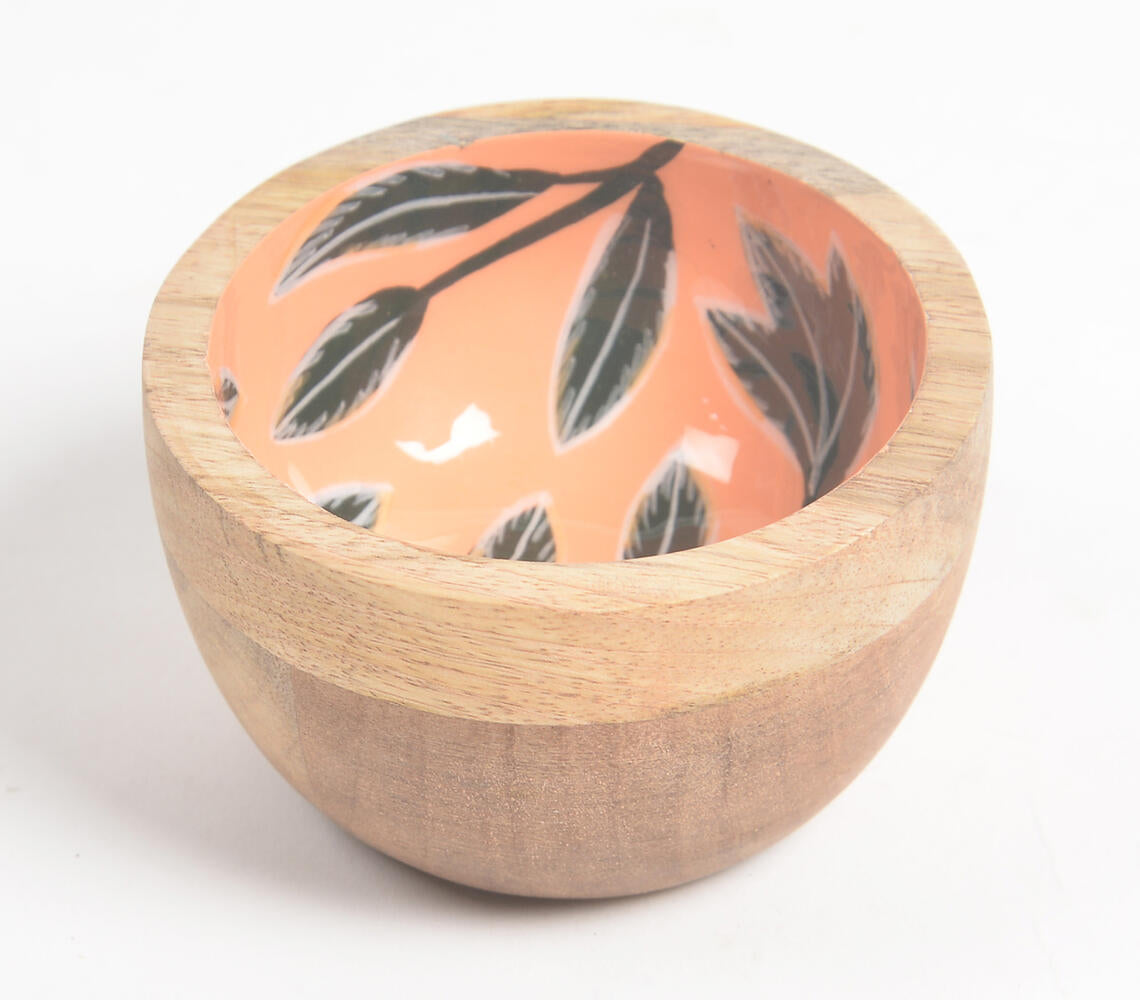 Tropical Leaves Orange Enameled & Turned Mango Wood Bowl-Qalara-Urbanheer