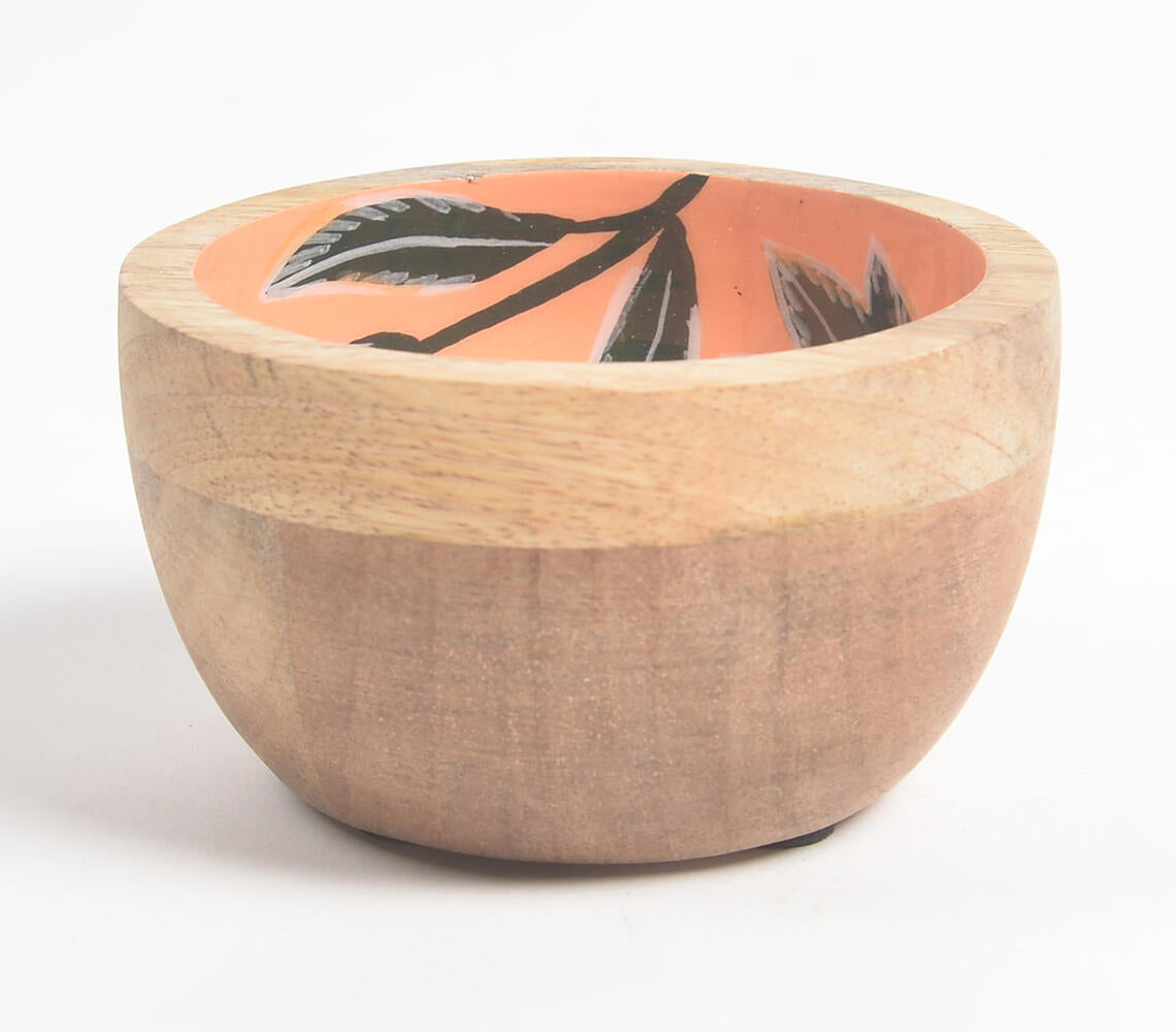 Tropical Leaves Orange Enameled & Turned Mango Wood Bowl-Qalara-Urbanheer