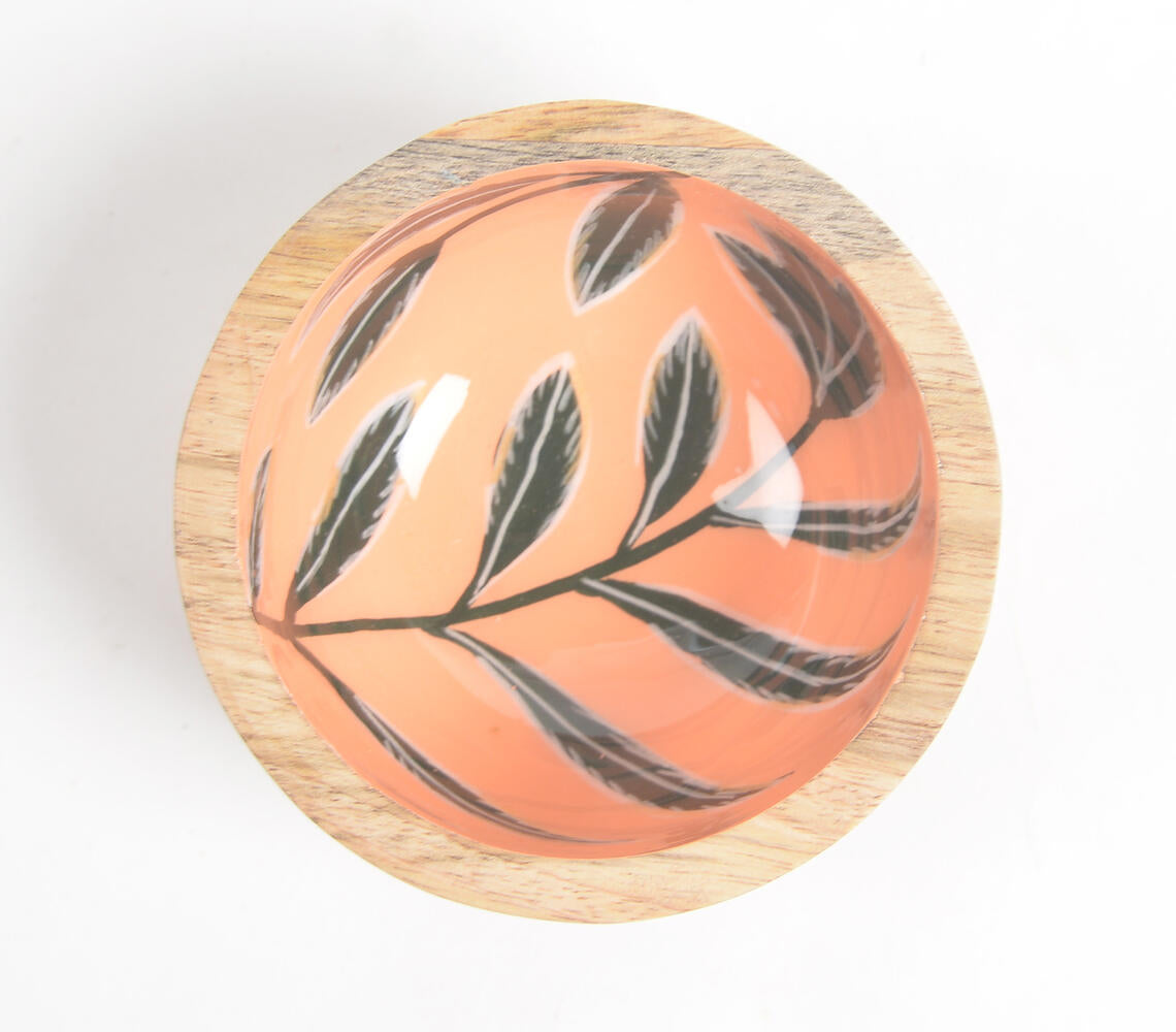 Tropical Leaves Orange Enameled & Turned Mango Wood Bowl-Qalara-Urbanheer