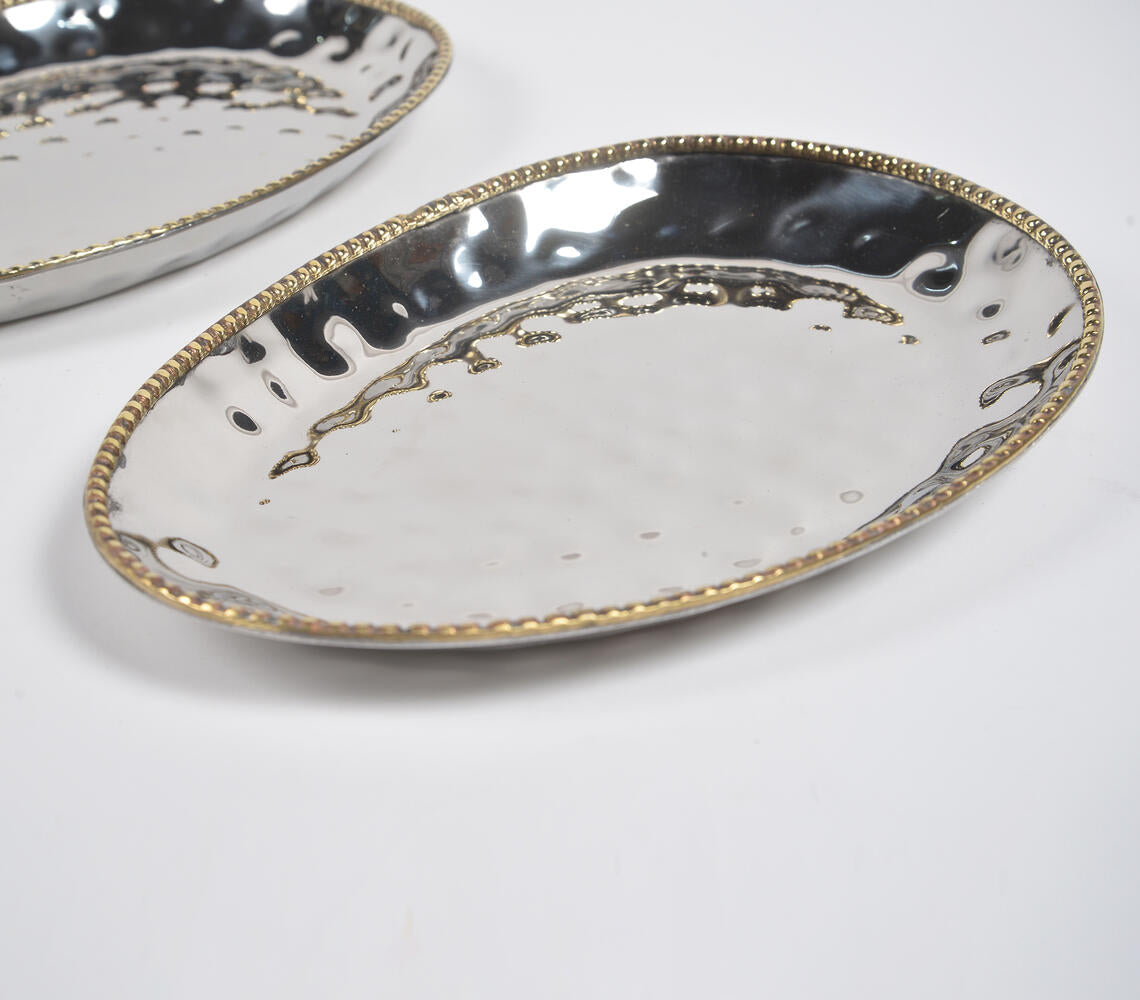 Hand Beaten Silver-Toned Iron Egg-Shaped Trays (Set Of 2)-Qalara-Urbanheer