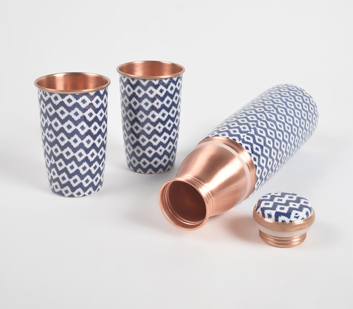 Enamelled Blue Diamonds Copper Bottle & 2 Glasses Set-Qalara-Urbanheer