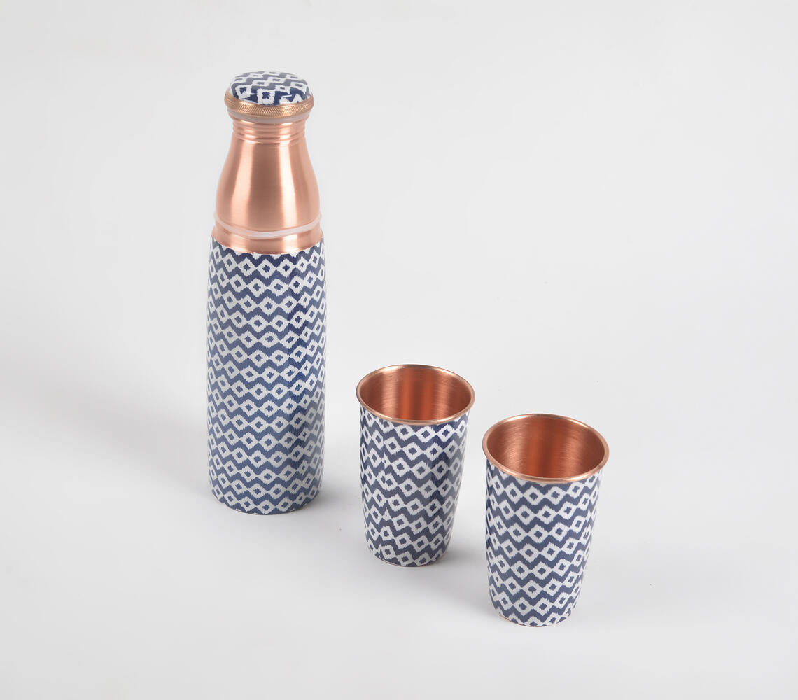 Enamelled Blue Diamonds Copper Bottle & 2 Glasses Set-Qalara-Urbanheer