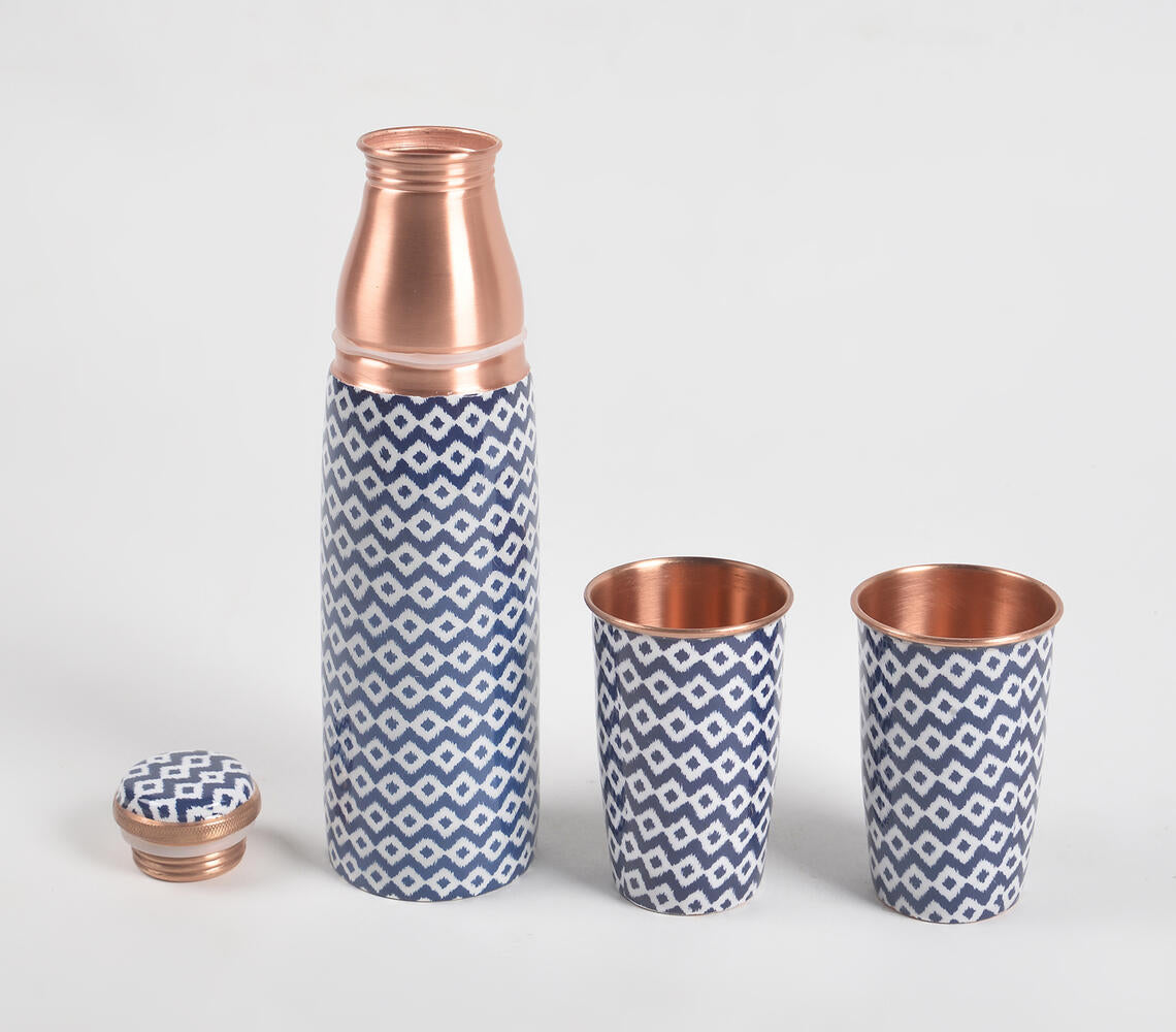 Enamelled Blue Diamonds Copper Bottle & 2 Glasses Set-Qalara-Urbanheer