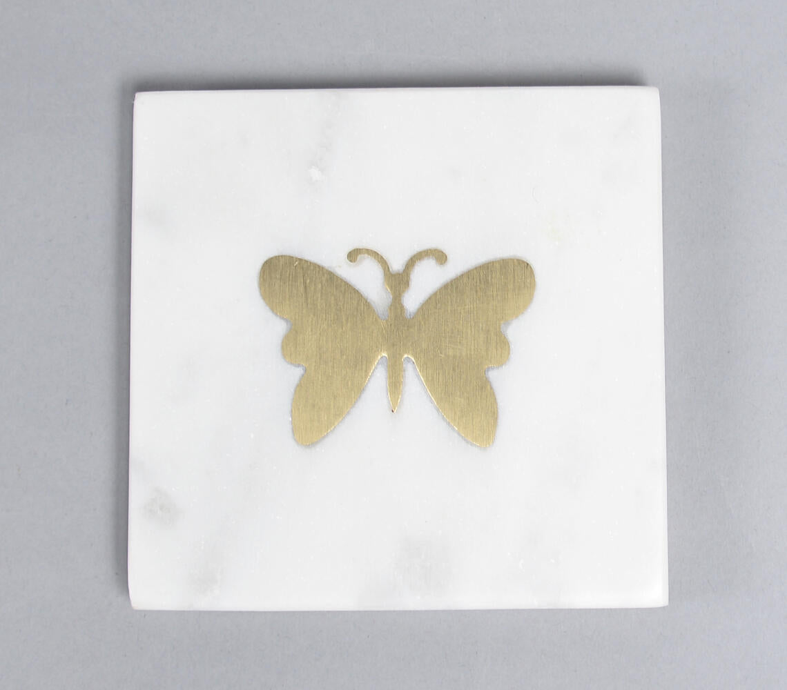 Butterfly Inlaid Brass & Marble Coasters (Set Of 4)-Qalara-Urbanheer