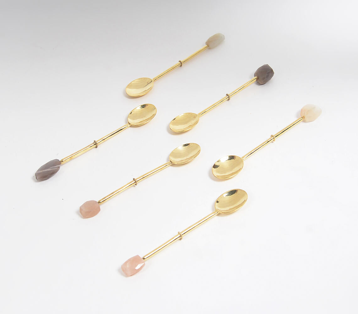 Hand Cut Moonstone & Brass Appetizer Spoons (Set Of 6)-Qalara-Urbanheer