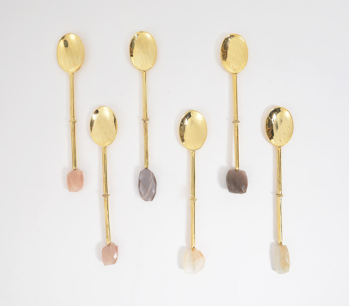 Hand Cut Moonstone & Brass Appetizer Spoons (Set Of 6)-Qalara-Urbanheer