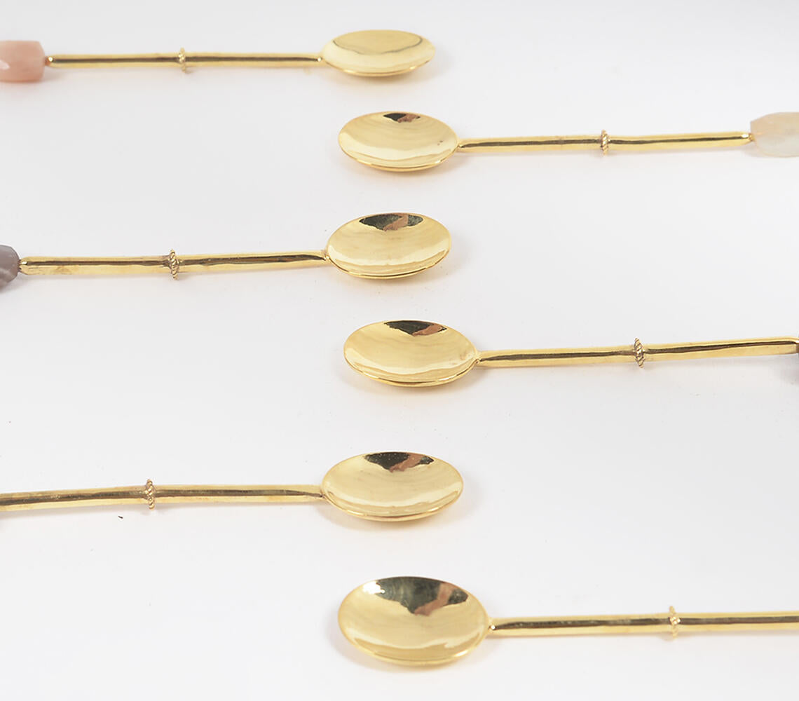 Hand Cut Moonstone & Brass Appetizer Spoons (Set Of 6)-Qalara-Urbanheer
