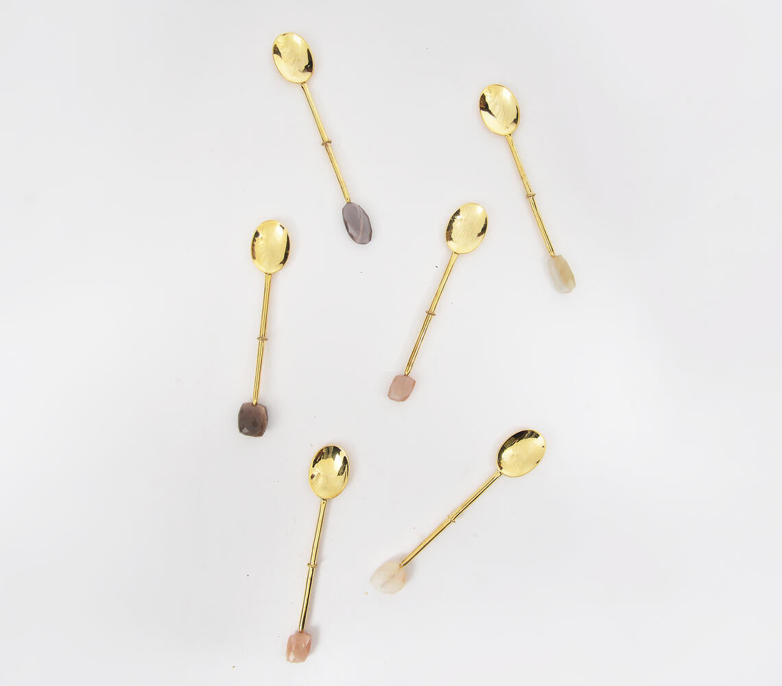 Hand Cut Moonstone & Brass Appetizer Spoons (Set Of 6)-Qalara-Urbanheer