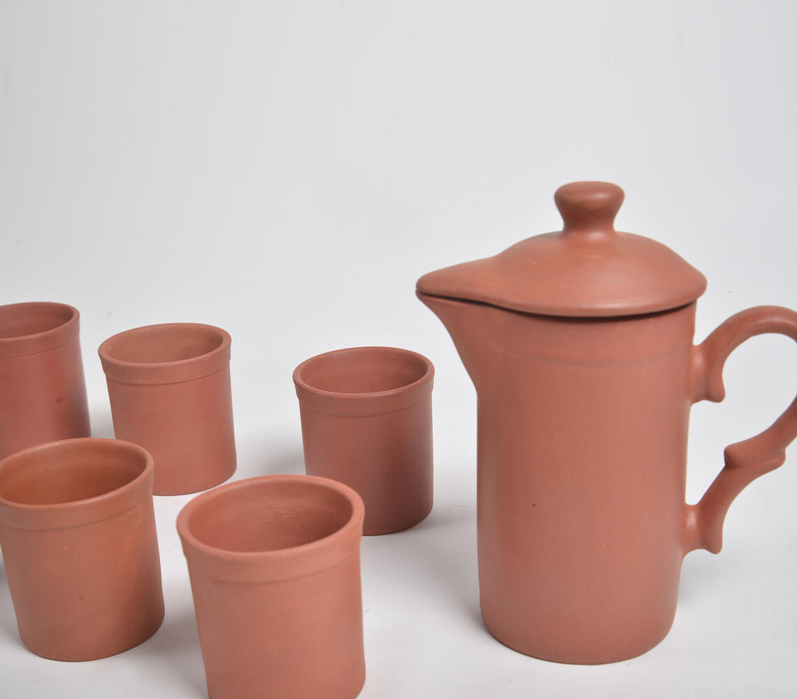 Terracotta Drink Dispenser & Pitchers (Set Of 6 Glasses & 1 Jug)-Qalara-Urbanheer