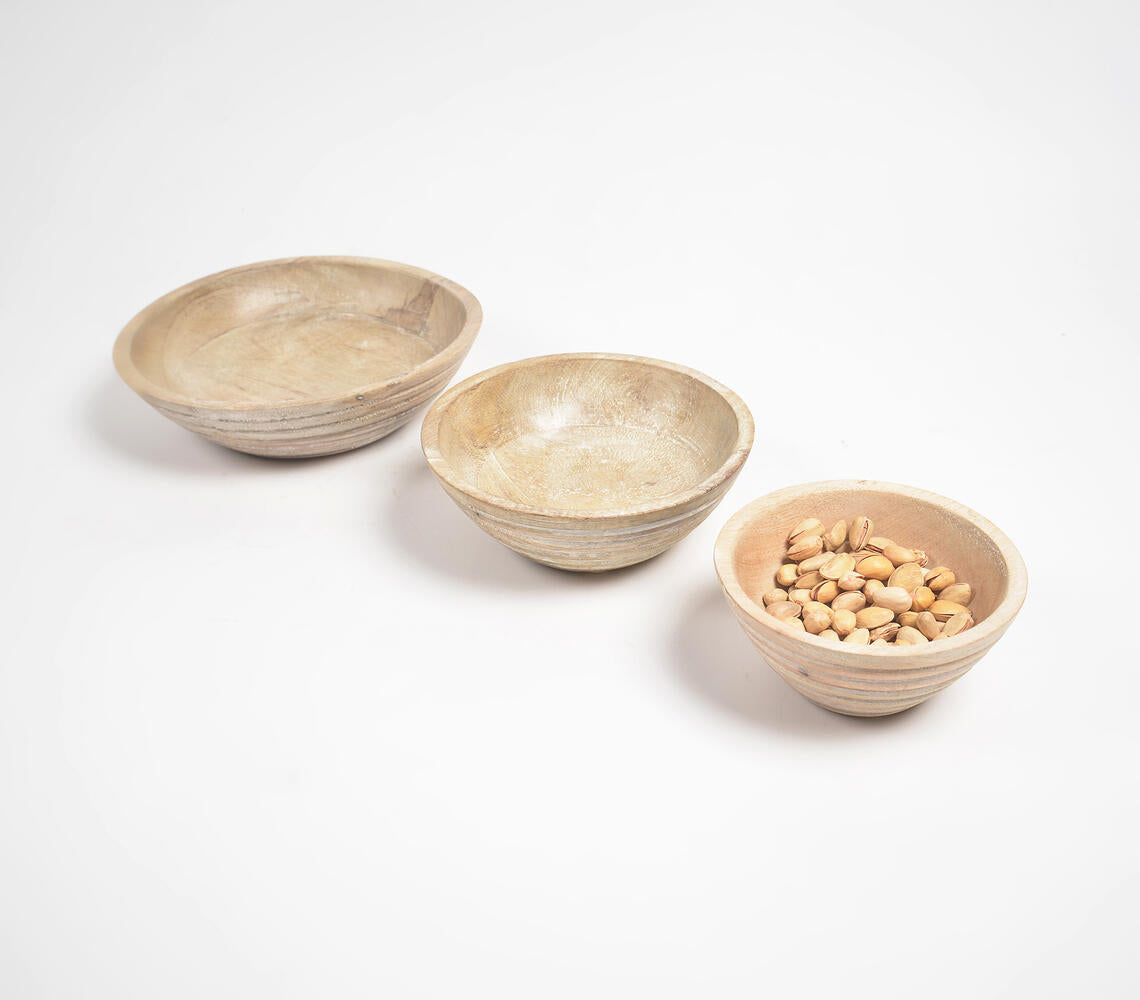 Burnt & Distressed White Wooden Bowls (Set Of 3)-Qalara-Urbanheer