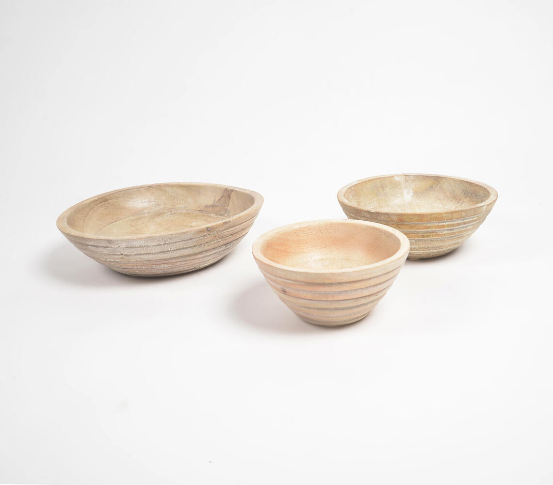 Burnt & Distressed White Wooden Bowls (Set Of 3)-Qalara-Urbanheer