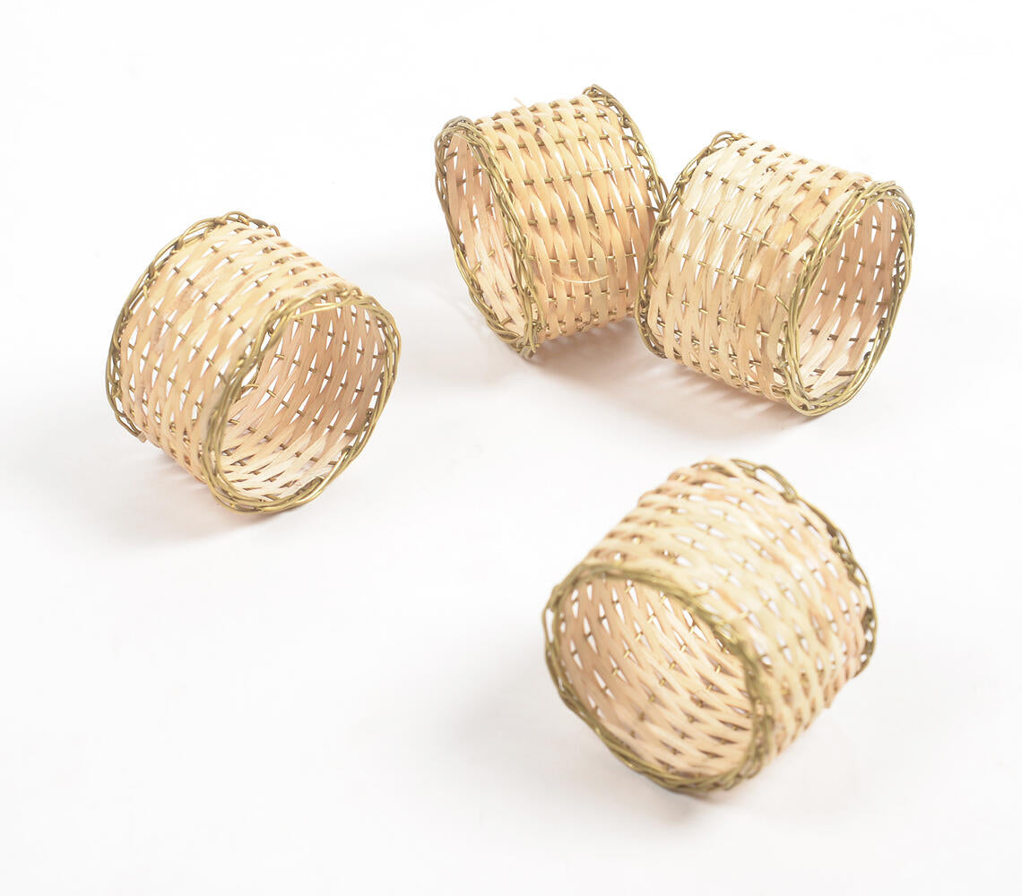 Eco-Friendly Handwoven Cane & Brass Napkin Ring (Set Of 4)-Qalara-Urbanheer