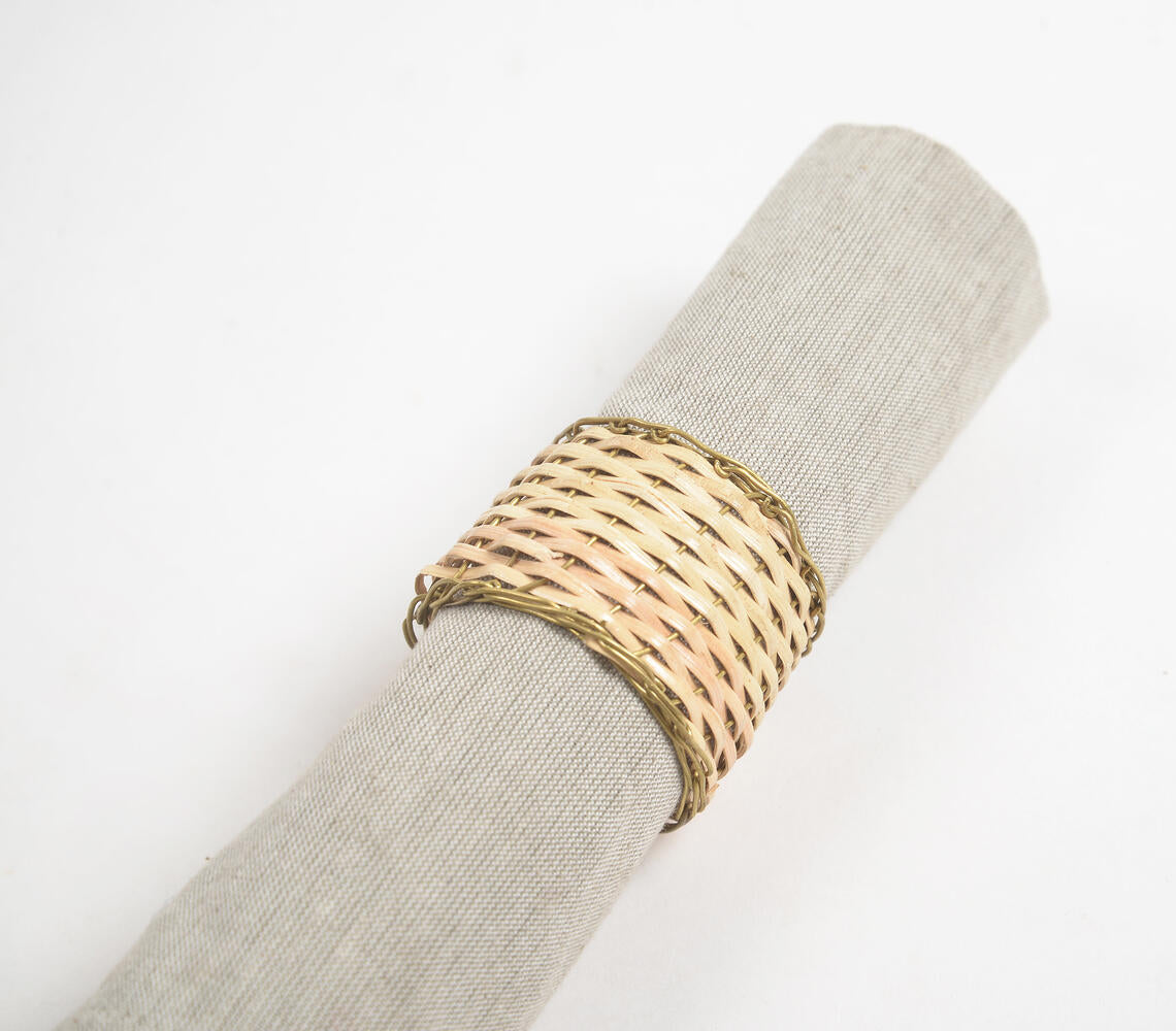 Eco-Friendly Handwoven Cane & Brass Napkin Ring (Set Of 4)-Qalara-Urbanheer