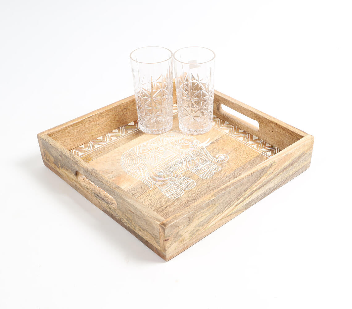Elephant Motif Hand Painted Wooden Tray-Qalara-Urbanheer