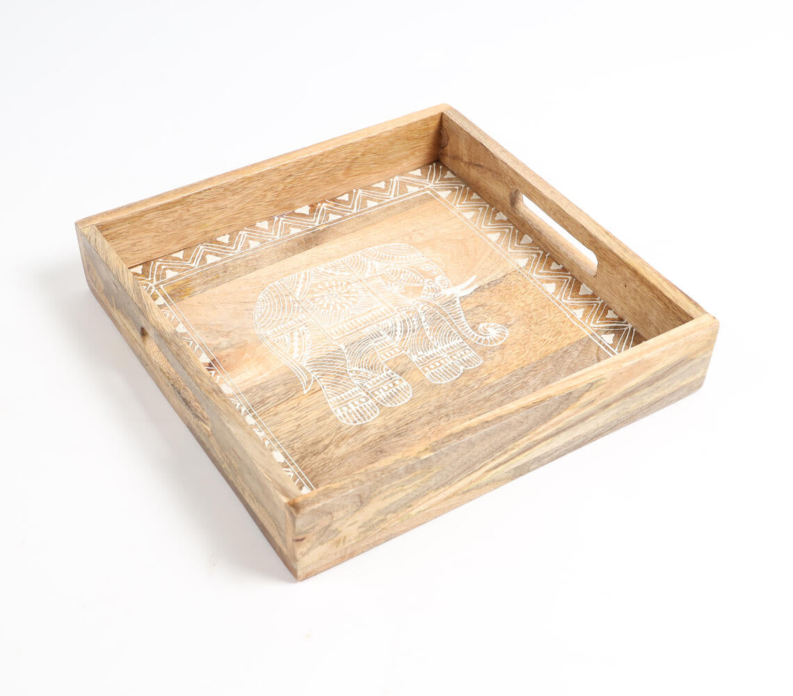 Elephant Motif Hand Painted Wooden Tray-Qalara-Urbanheer