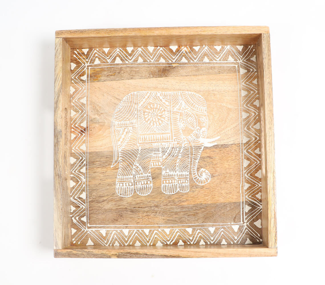 Elephant Motif Hand Painted Wooden Tray-Qalara-Urbanheer
